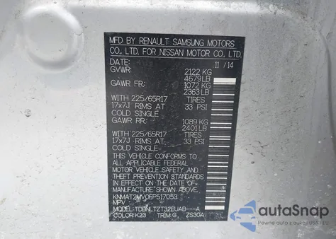 2015 Nissan Rogue Sv z USA, uszkodzony, nr VIN KNMAT2MV0FP517053